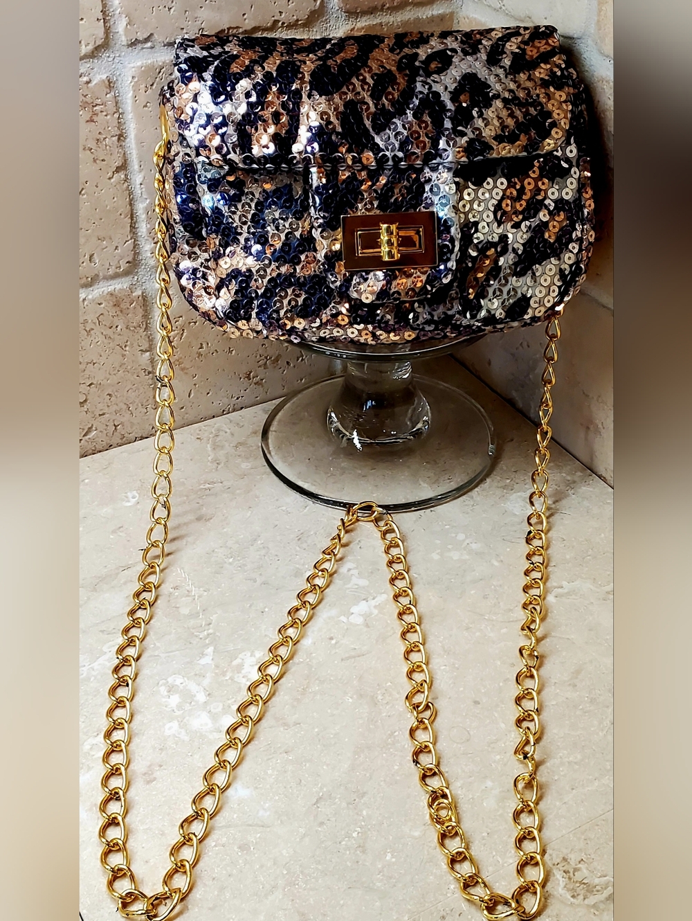Leopard Sequin Crossbody Bag with Gold Chain 8"Wx5"Hx2"D